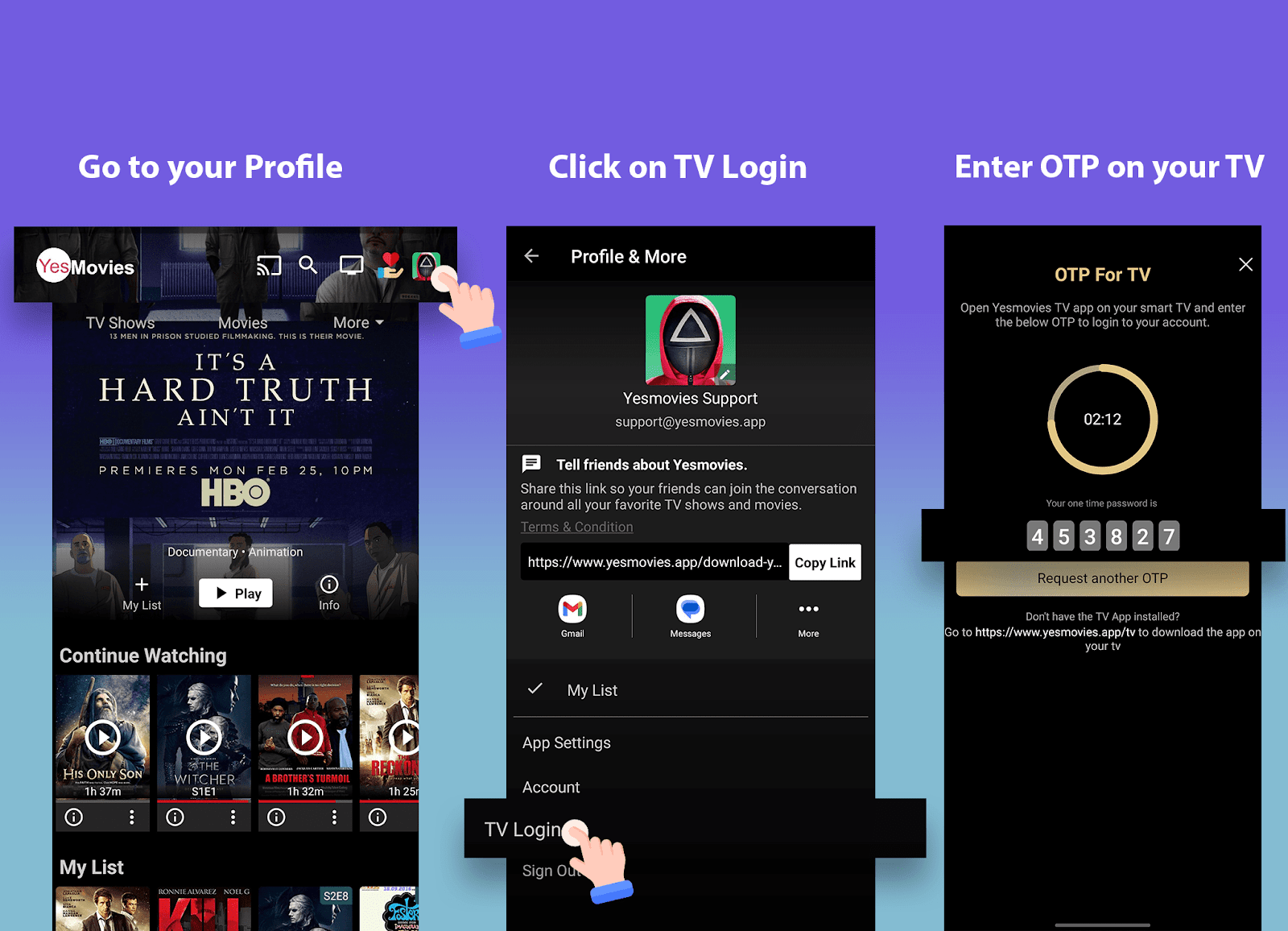 MobiFlix TV login using OTP code from mobile phone